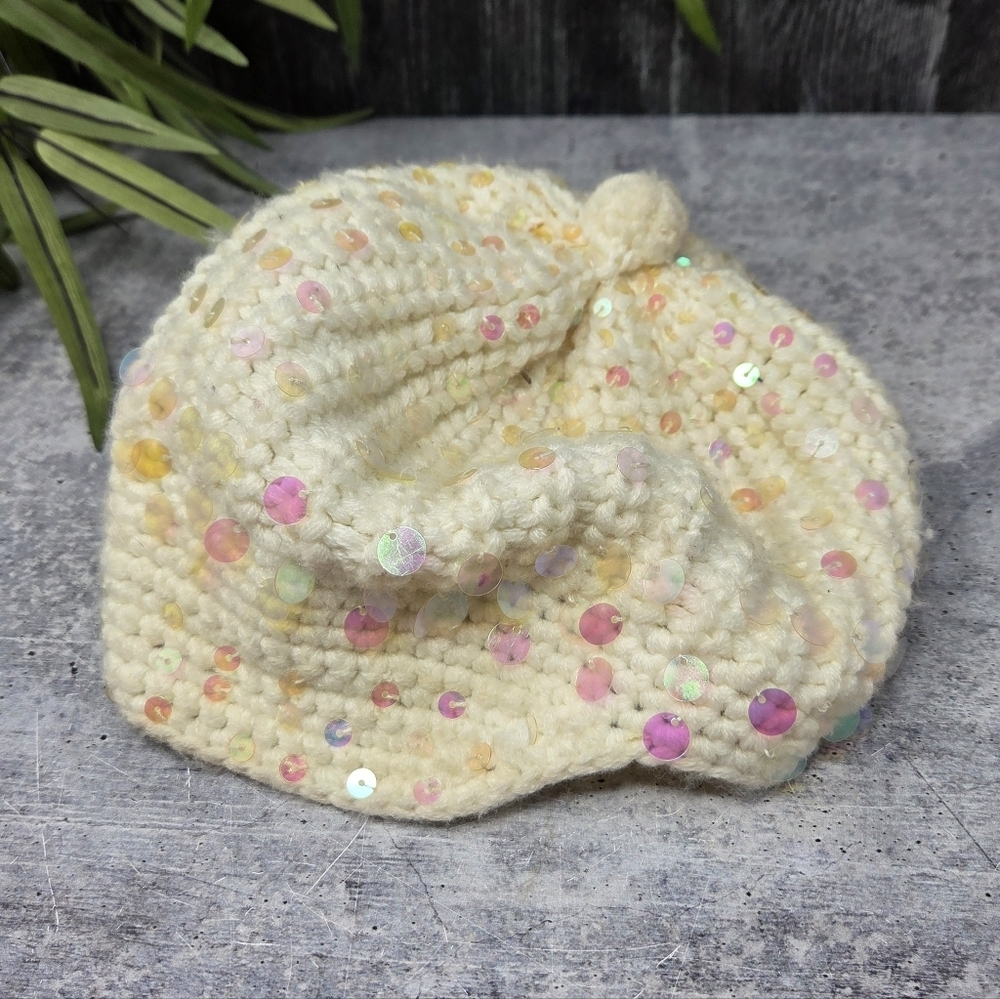 Justice Girls Cream Beanie Hat with Pastel Sequins